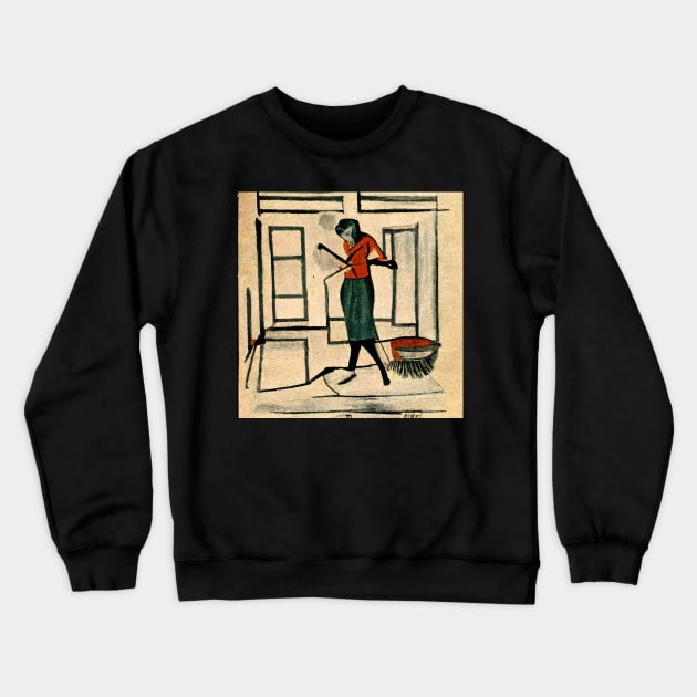 Old fashioned sketch graphic of woman in her house. Crewneck Sweatshirt by Liana Campbell